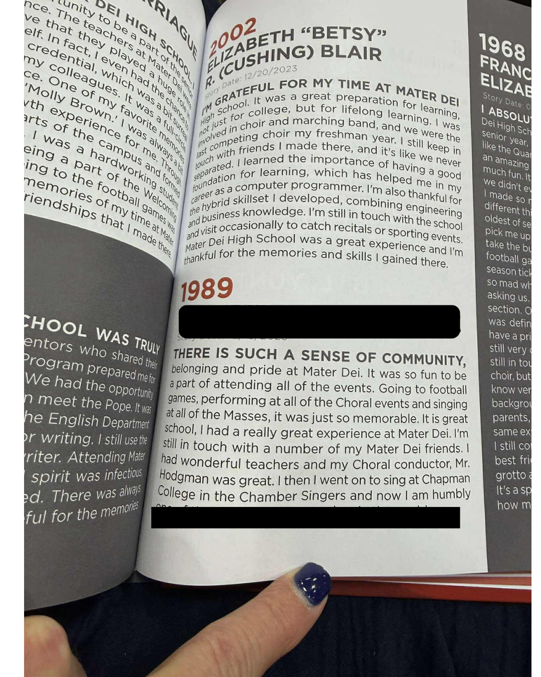 A page in the Mater Dei oral history where they honor an admitted predator.